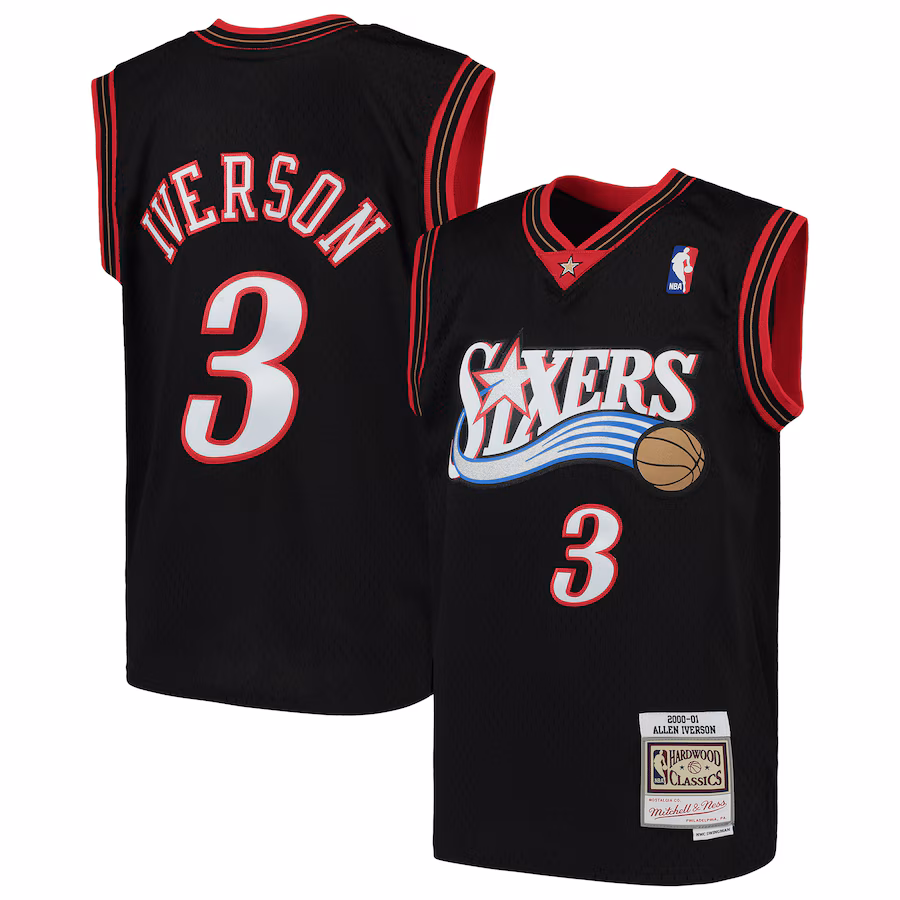 Youth Philadelphia 76ers Allen Iverson Mitchell & Ness Black Hardwood Classics Swingman Throwback Jersey - myjerseyhub