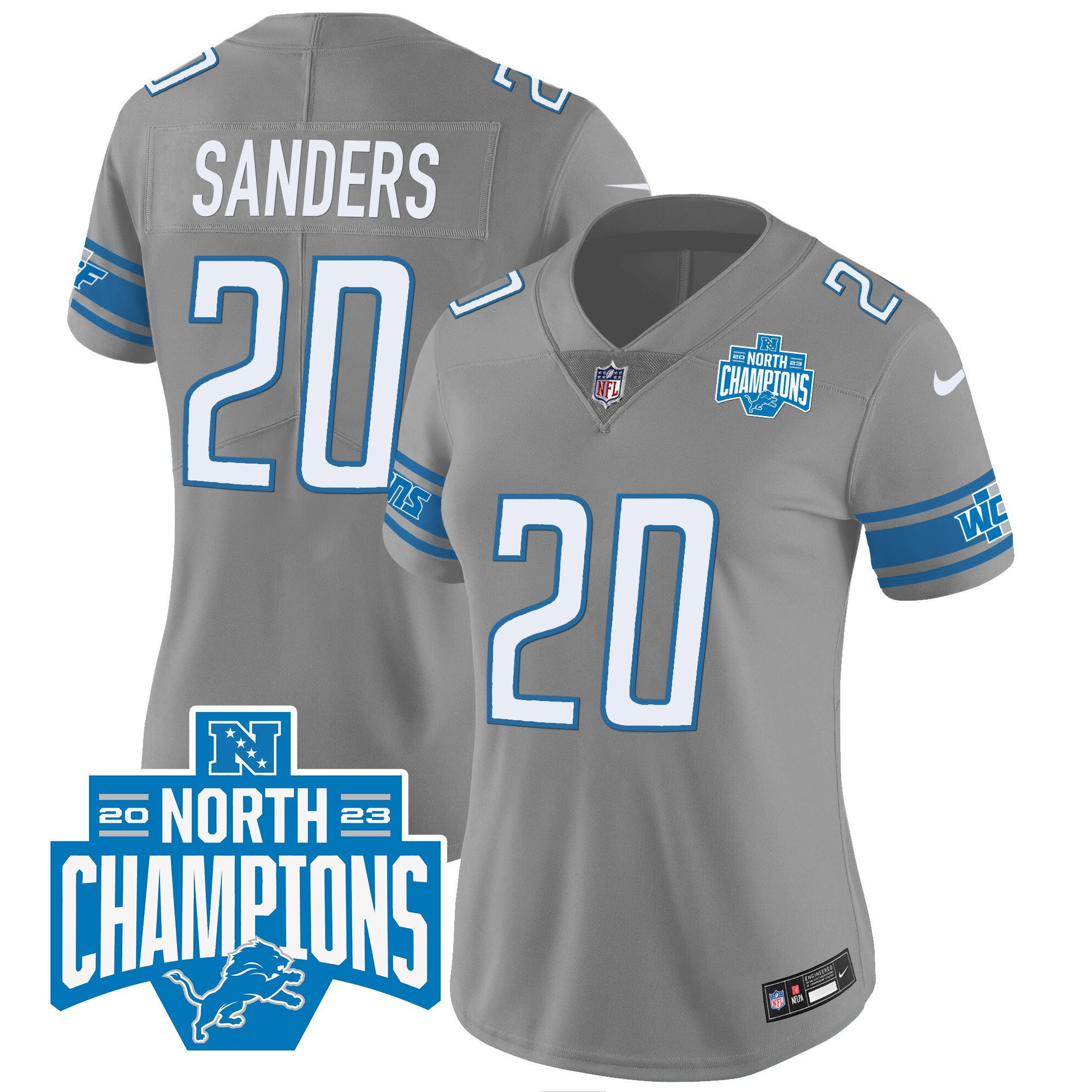 Barry Sanders 20 Detroit Lions 2023 NFC North Division Champions Patch Women Game Jersey - Gray - myjerseyhub
