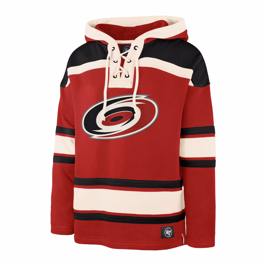 Sebastian Aho Carolina Hurricanes '47 Player Name & Number Lacer Pullover Hoodie - Red - myjerseyhub