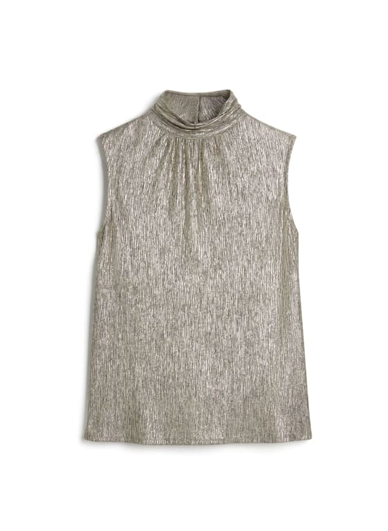 Mock Neck Metallic Plisse Top