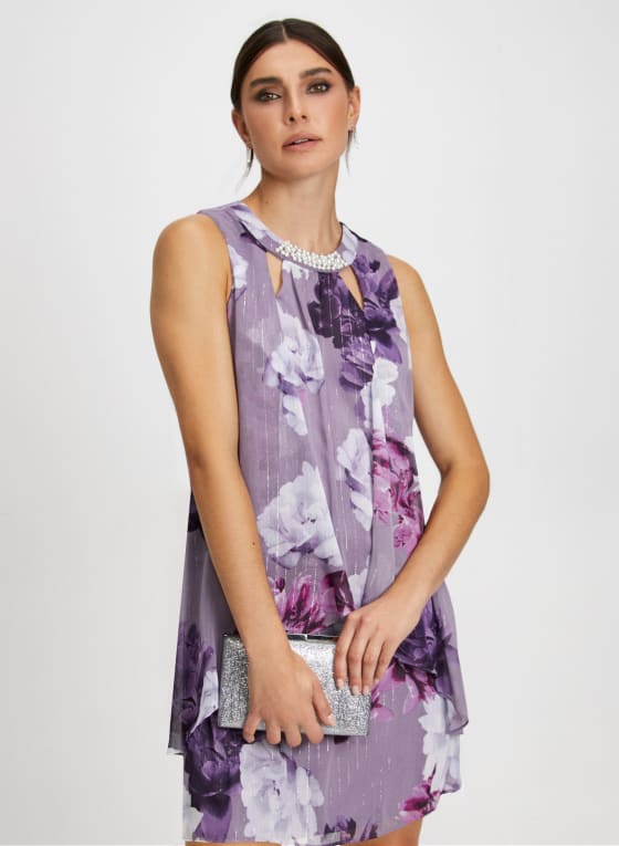 Pearl-Embellished Floral Print Dress