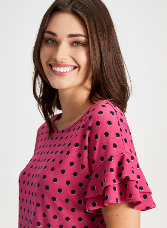 Dot Print Ruffle Sleeve Top
