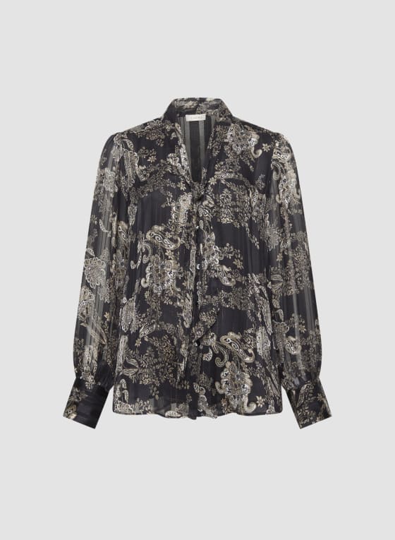 Metallic Tie Neck Blouse