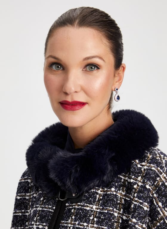 Faux Fur Collar Tweed Poncho