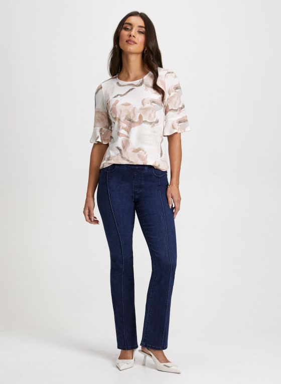 Ruffle Sleeve Abstract Print Top