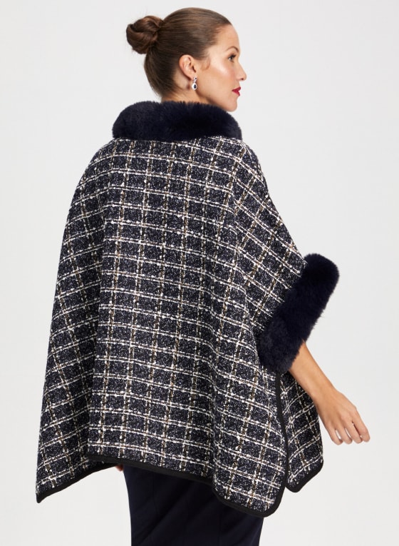 Faux Fur Collar Tweed Poncho