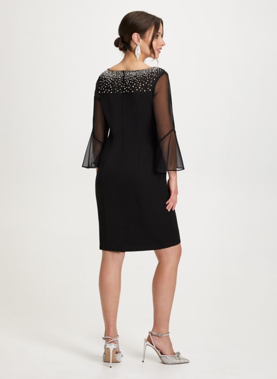 Beaded Neckline Mesh Sleeve Dress