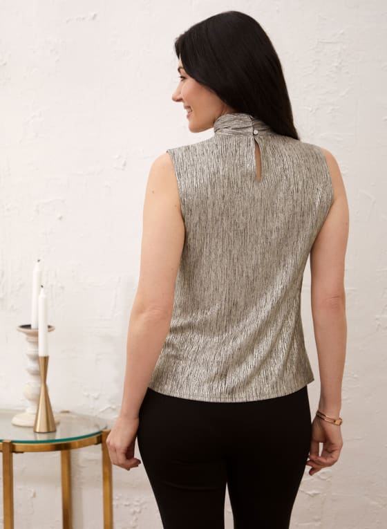 Mock Neck Metallic Plisse Top