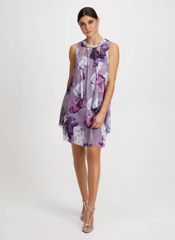 Pearl-Embellished Floral Print Dress