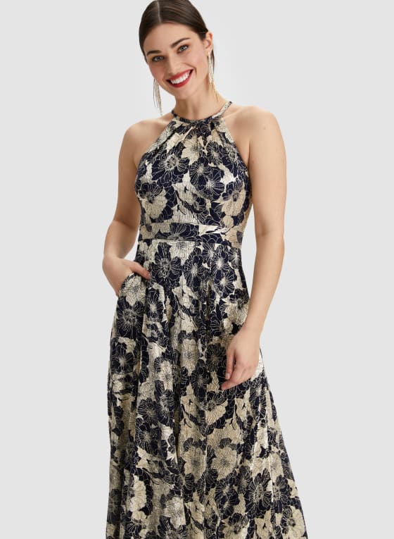 Foil Plisse Halter Neck Dress