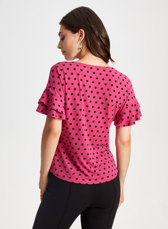 Dot Print Ruffle Sleeve Top