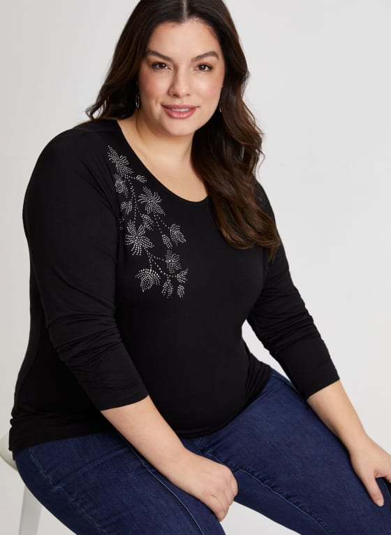 Rhinestone Appliqué Long Sleeve Top