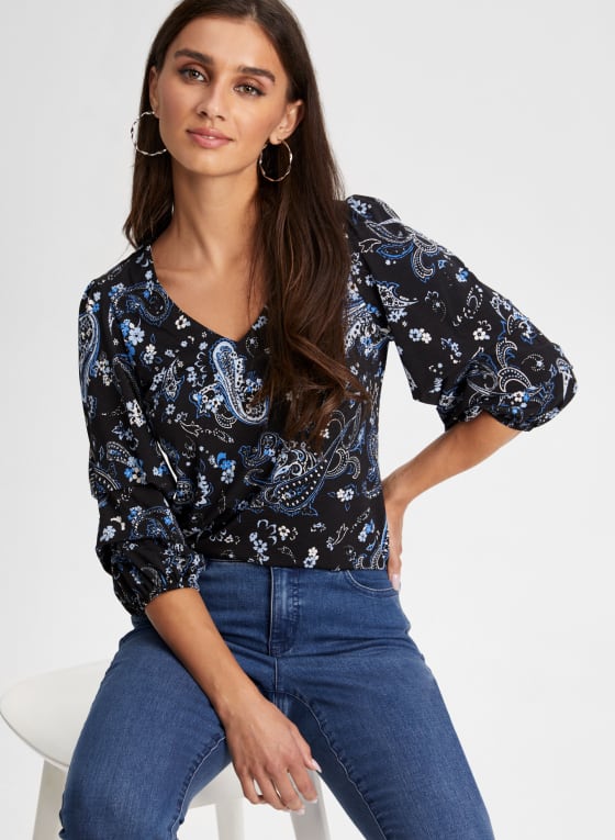 Paisley Print Puff Sleeve Top