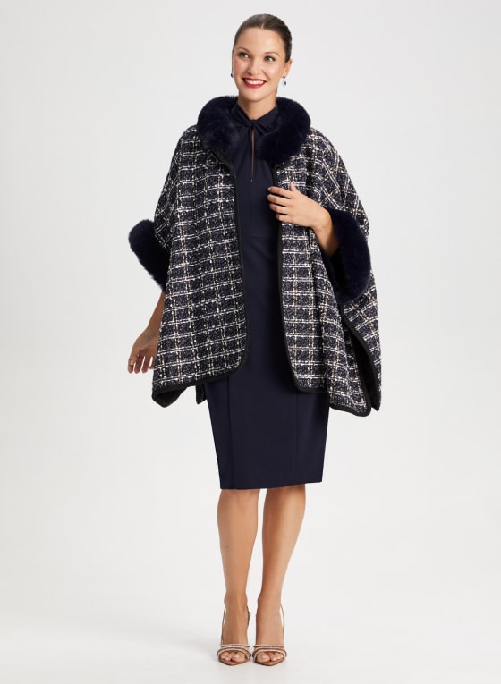 Faux Fur Collar Tweed Poncho