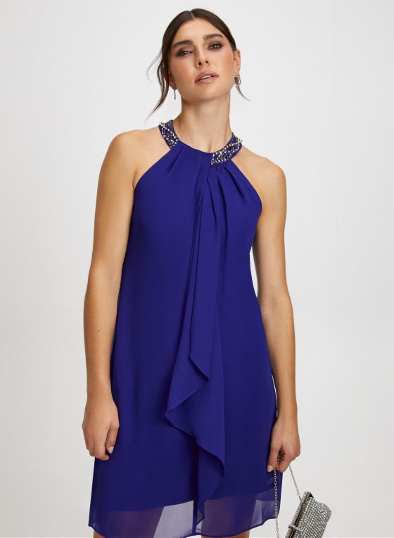 Beaded Neck Chiffon Dress