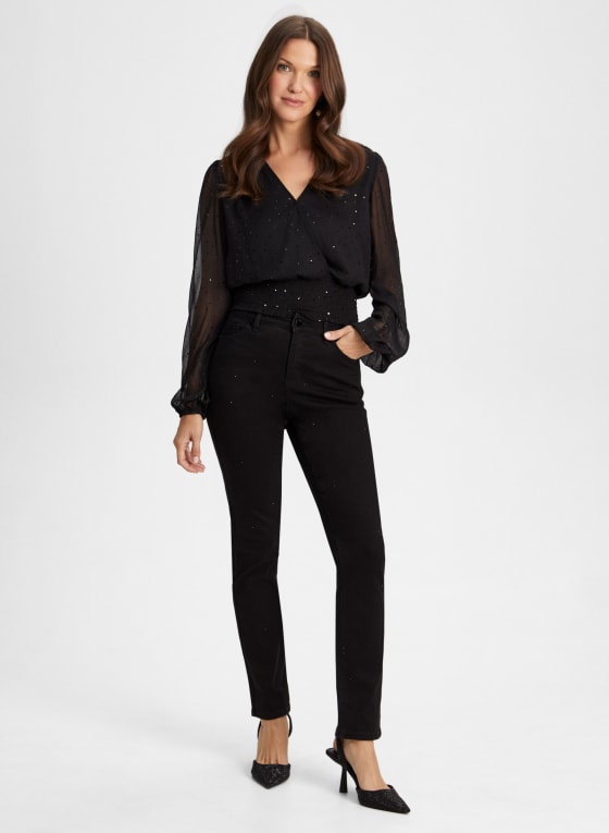 Sequin Detail Mesh Sleeve Top