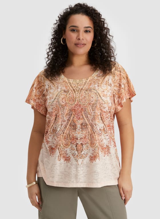 Embellished Paisley Print Burnout Tee