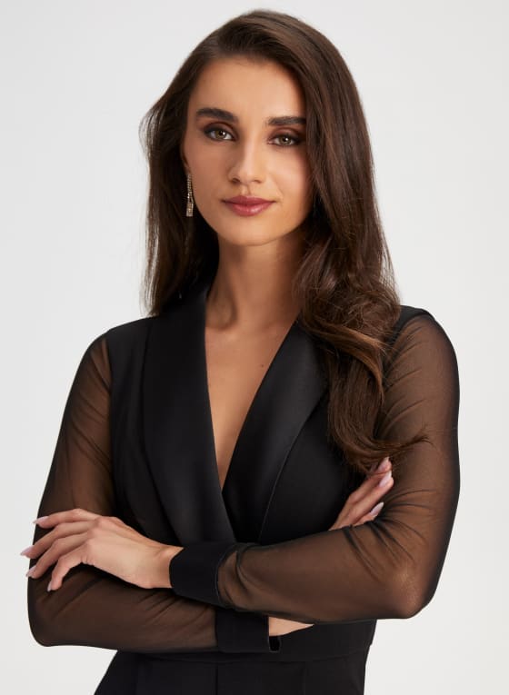 Mesh Sleeve Tuxedo Jumpsuit