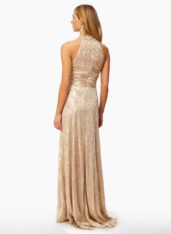 Metallic Plisse Halter Neck Dress
