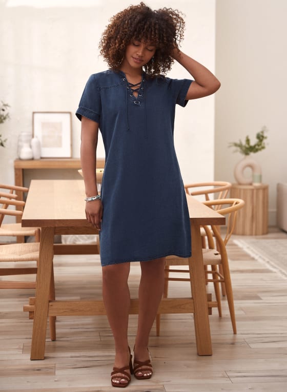 Lace-Up V-Neck Tencel Dress