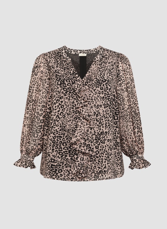 Leopard Print Ruffle Front Blouse