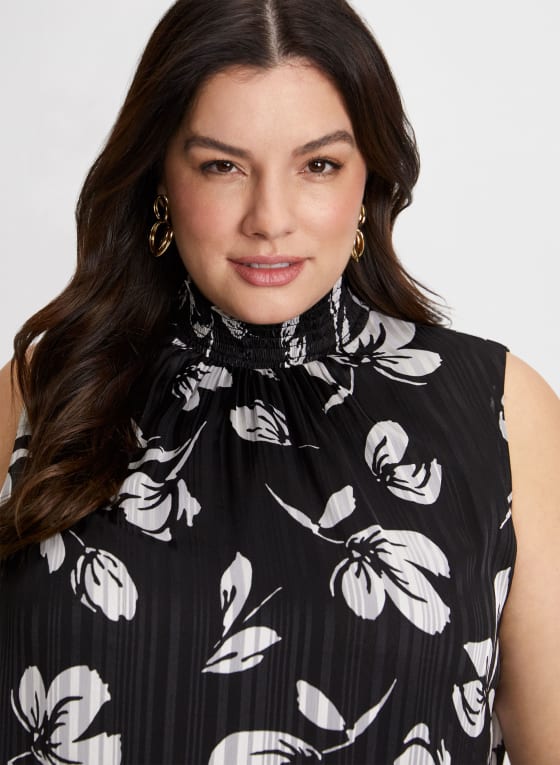 Smocked Neck Floral Print Top