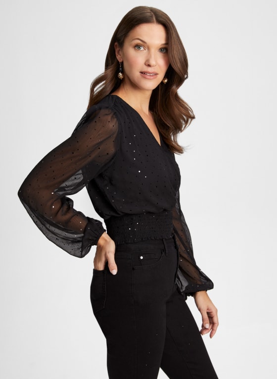 Sequin Detail Mesh Sleeve Top