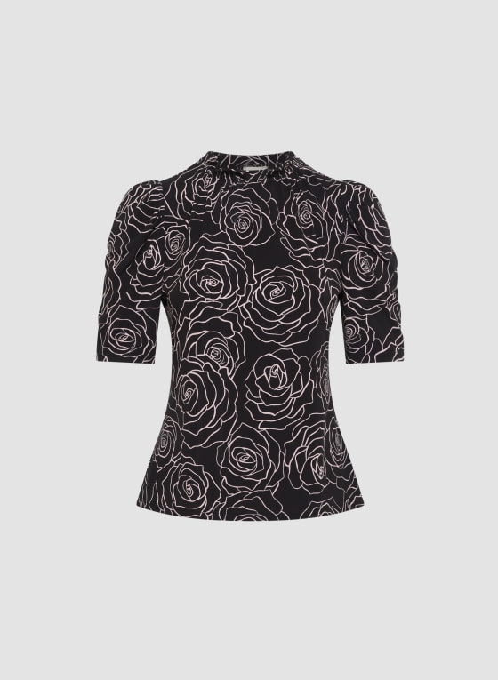 Ruffle Neck Rose Pattern Top