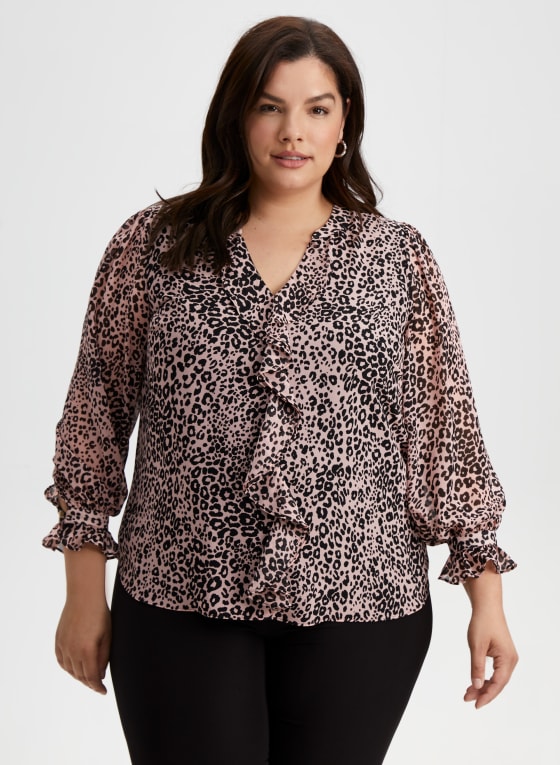 Leopard Print Ruffle Front Blouse
