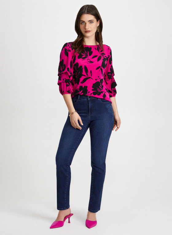 Pinched Sleeve Floral Print Top