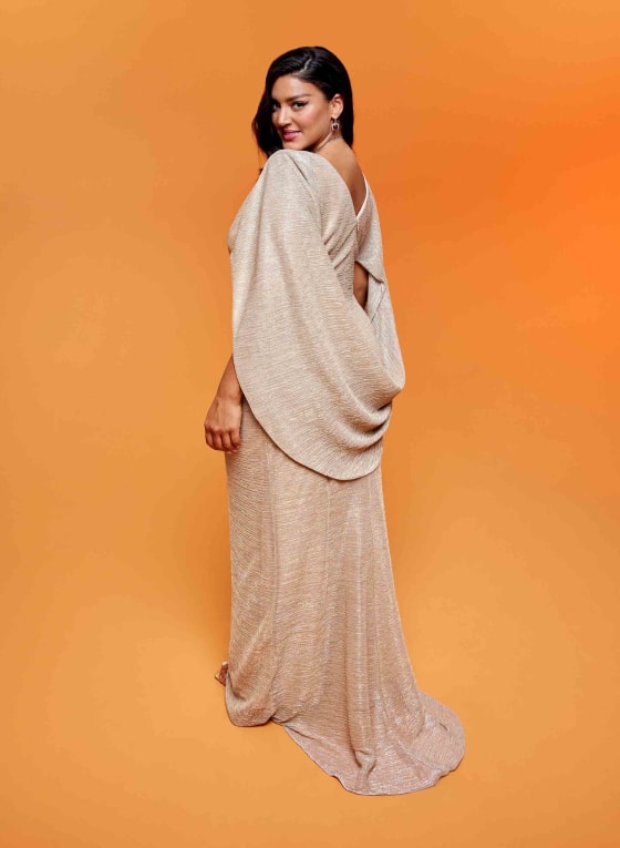 Metallic Plisse Drape Back Dress