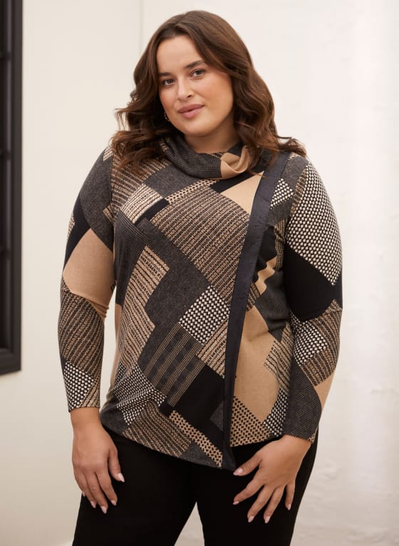 Cowl Neck Patchwork Print Sweater