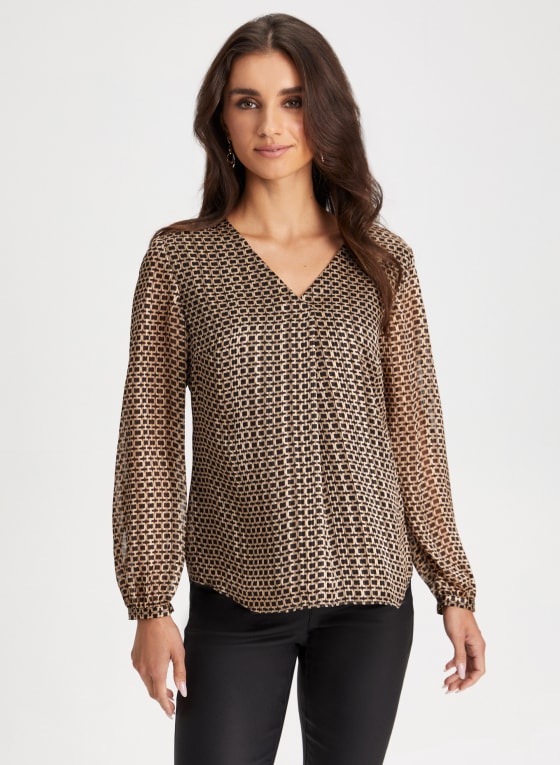 Puff Sleeve Geometric Print Top