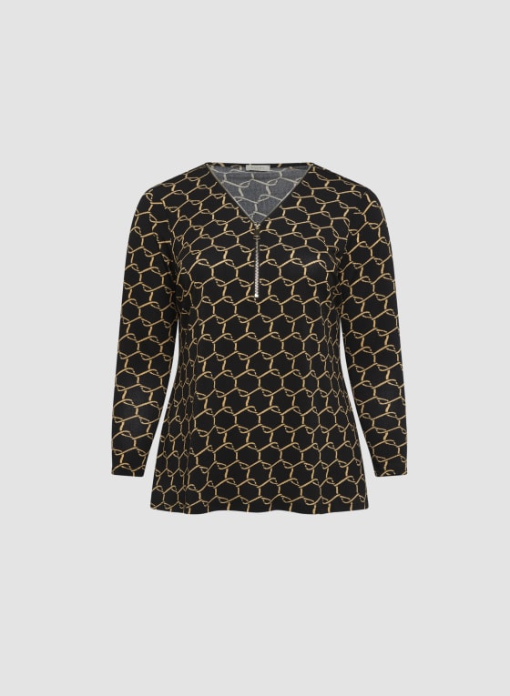 Geometric Print Zip Front Top