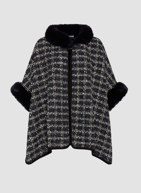 Faux Fur Collar Tweed Poncho