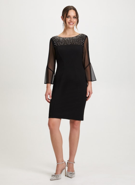 Beaded Neckline Mesh Sleeve Dress