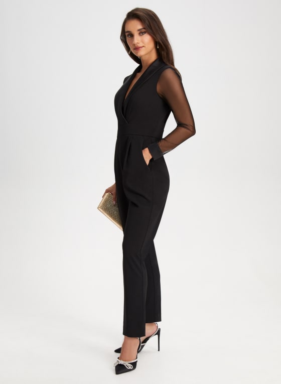 Mesh Sleeve Tuxedo Jumpsuit