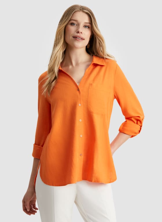 Roll-Up Sleeve Linen-Blend Blouse
