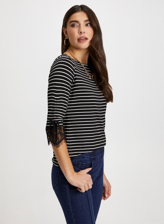 Lace Trim Stripe Motif Top