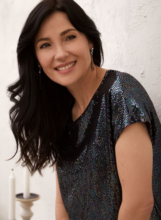 Boat Neck Sequin Top