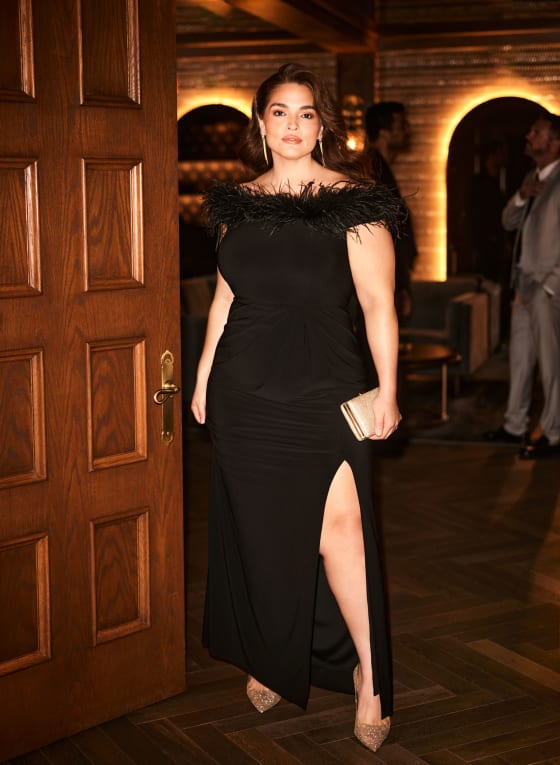 Feather Trim Off-The-Shoulder Dress