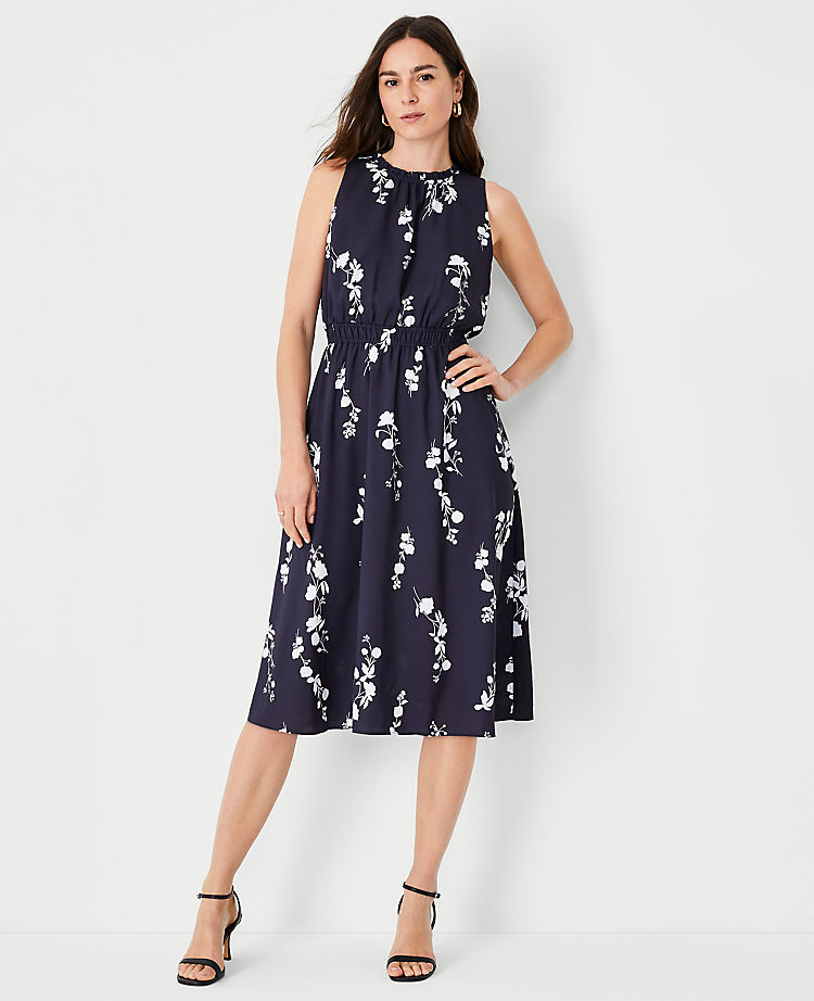 Ann Taylor Floral Gathered Sleeveless Flare Dress