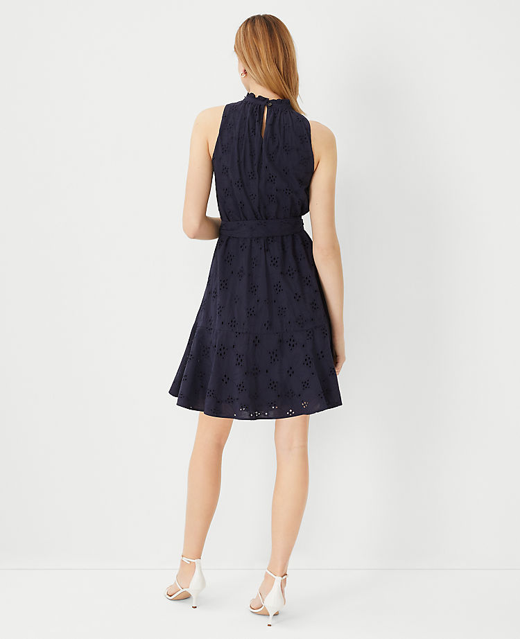Ann Taylor Eyelet Mock Neck Belted Flare Dress