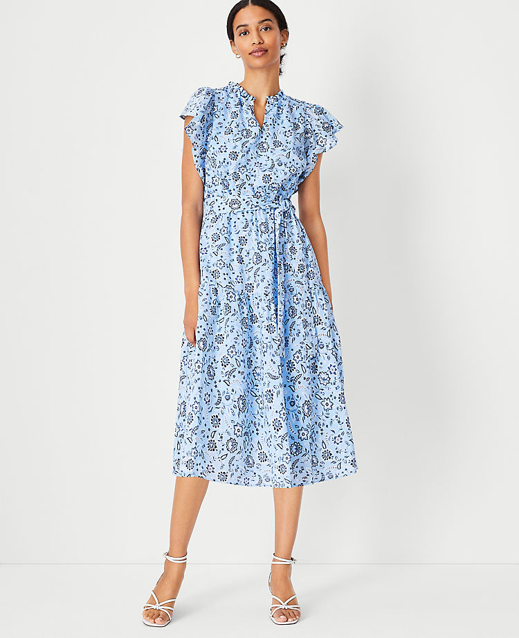 Ann Taylor Floral Flutter Sleeve Belted Flare Dress