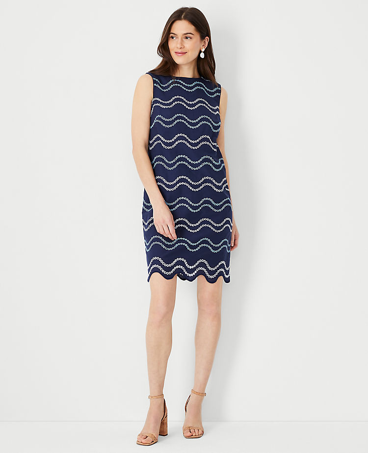 Ann Taylor Wave Embroidered Scalloped Shift Dress