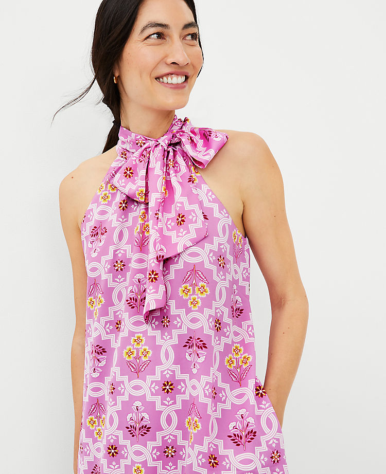 Tile Print Tie Neck Dress