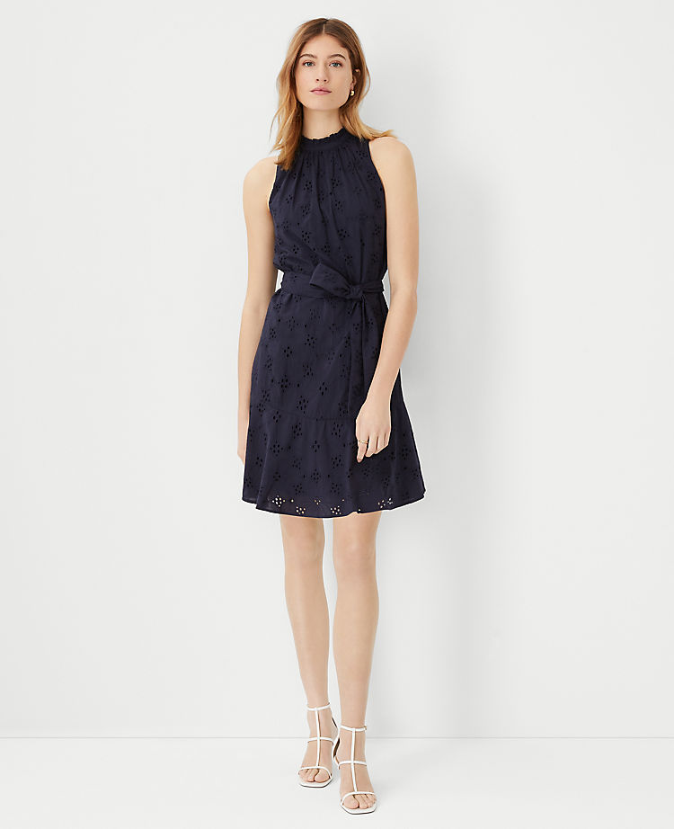 Ann Taylor Eyelet Mock Neck Belted Flare Dress