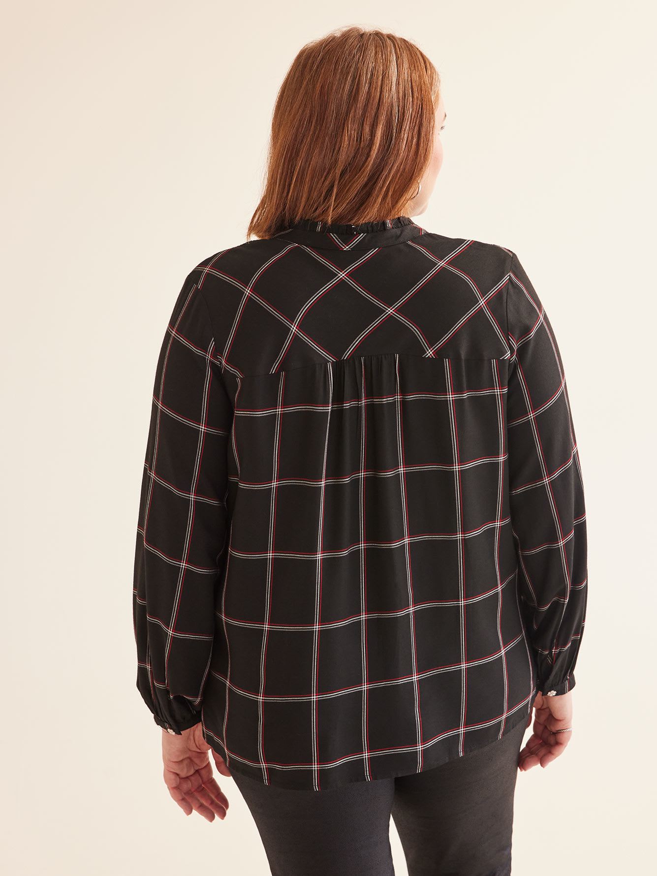 Black Plaid Blouse with Front Smocking