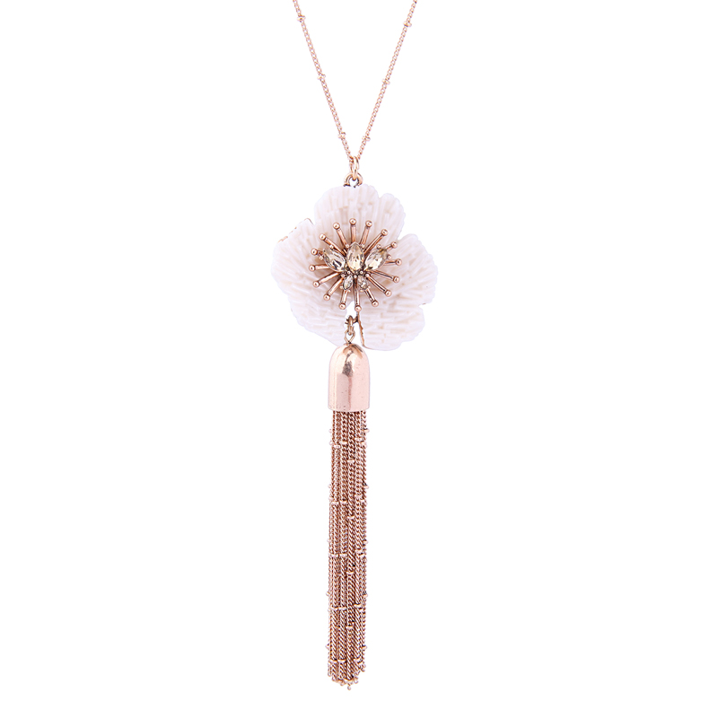 Vintage Brass and White Tasseled Flower Pendant Necklace - Don't AsK