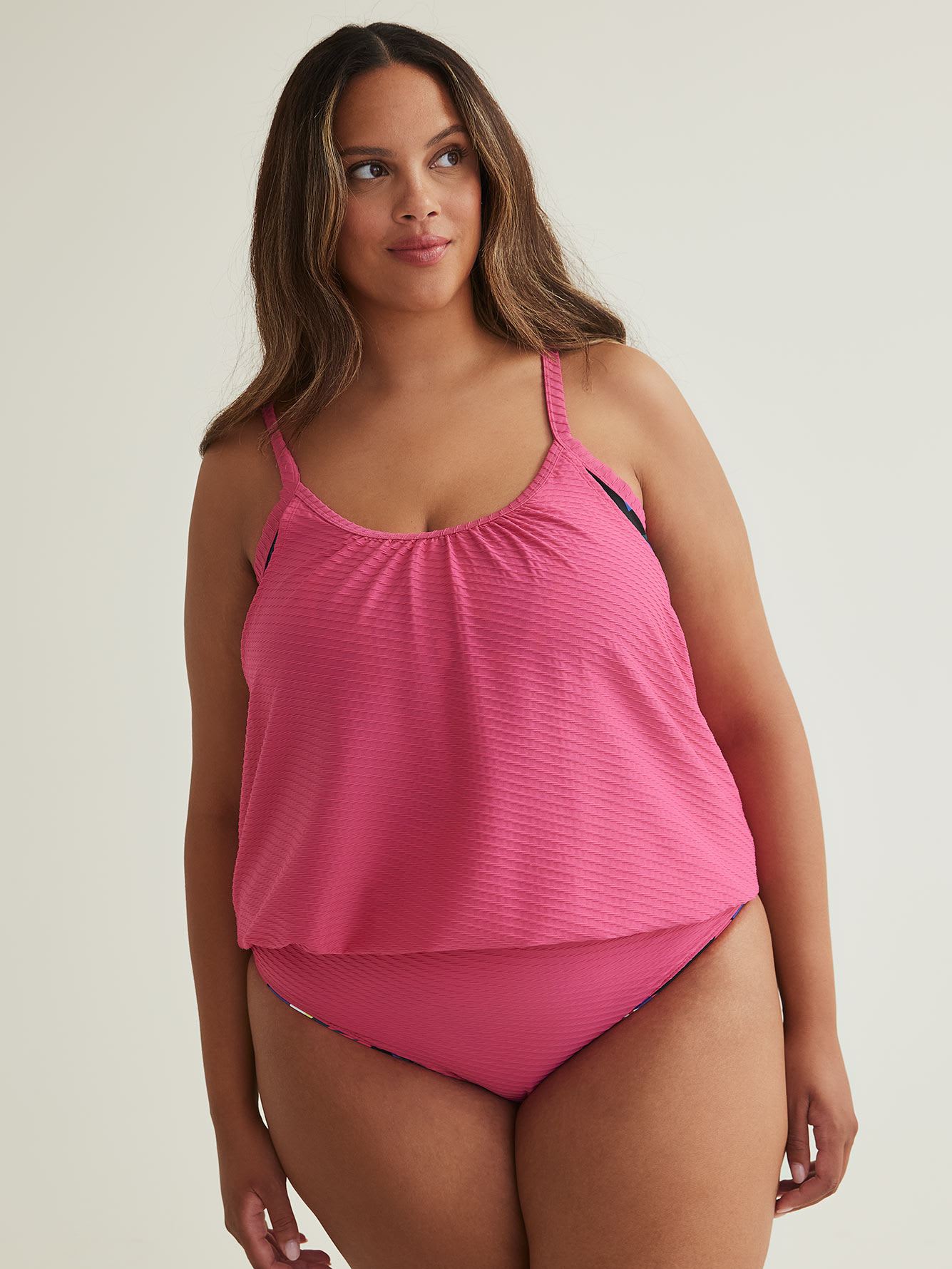 Textured Tankini with Tropical Print Bandeau
